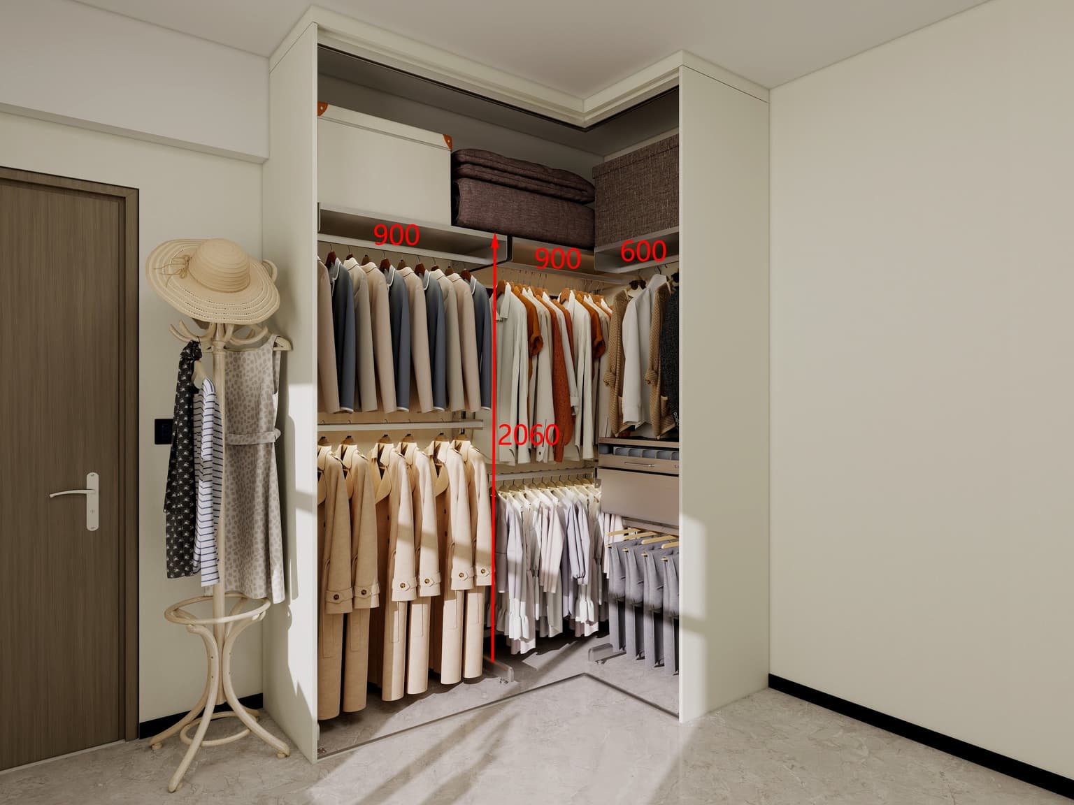 Compact Shelf wardrobe measured case with open frame storage