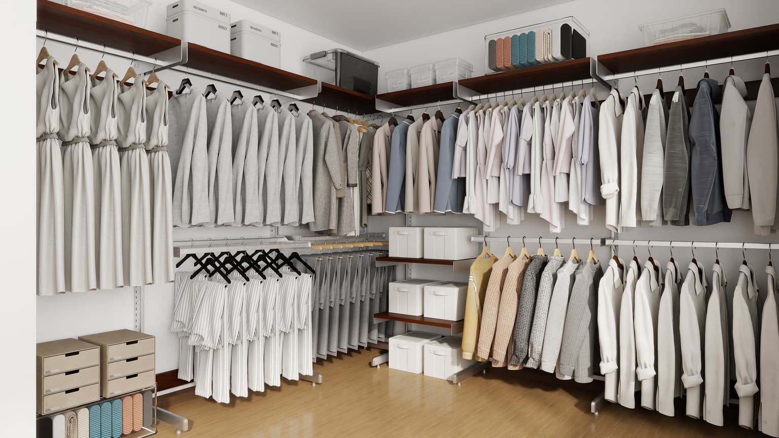 Open walk-in Shelf wardrobe measured case with hanging rails and shelves