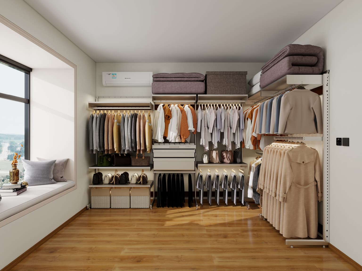 L-shaped Shelf wardrobe measured case in an open dressing room